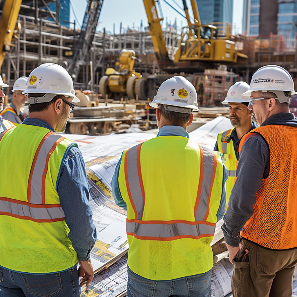 Construction consultants discussing project plans with engineers at a bustling construction site at sunrise