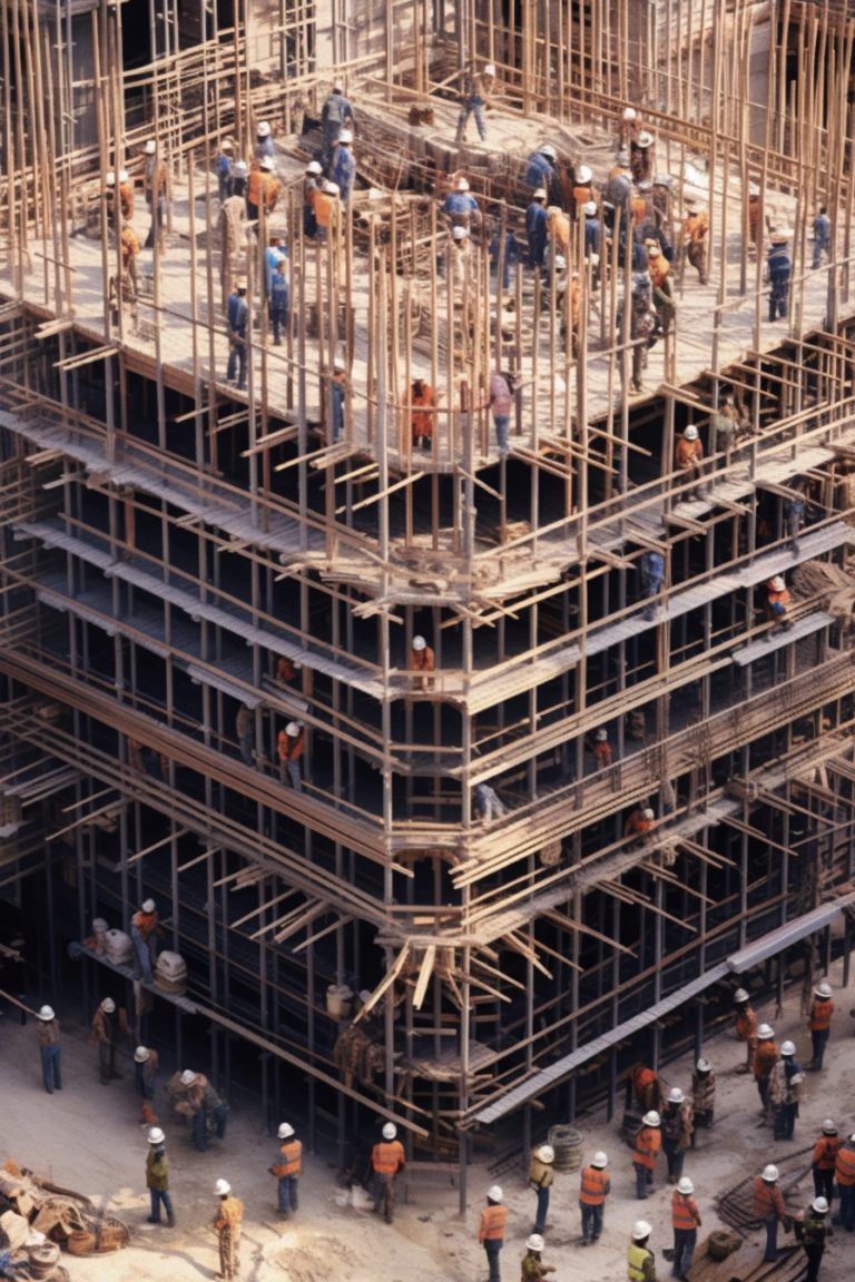 Workers assembling timber formwork at a construction site