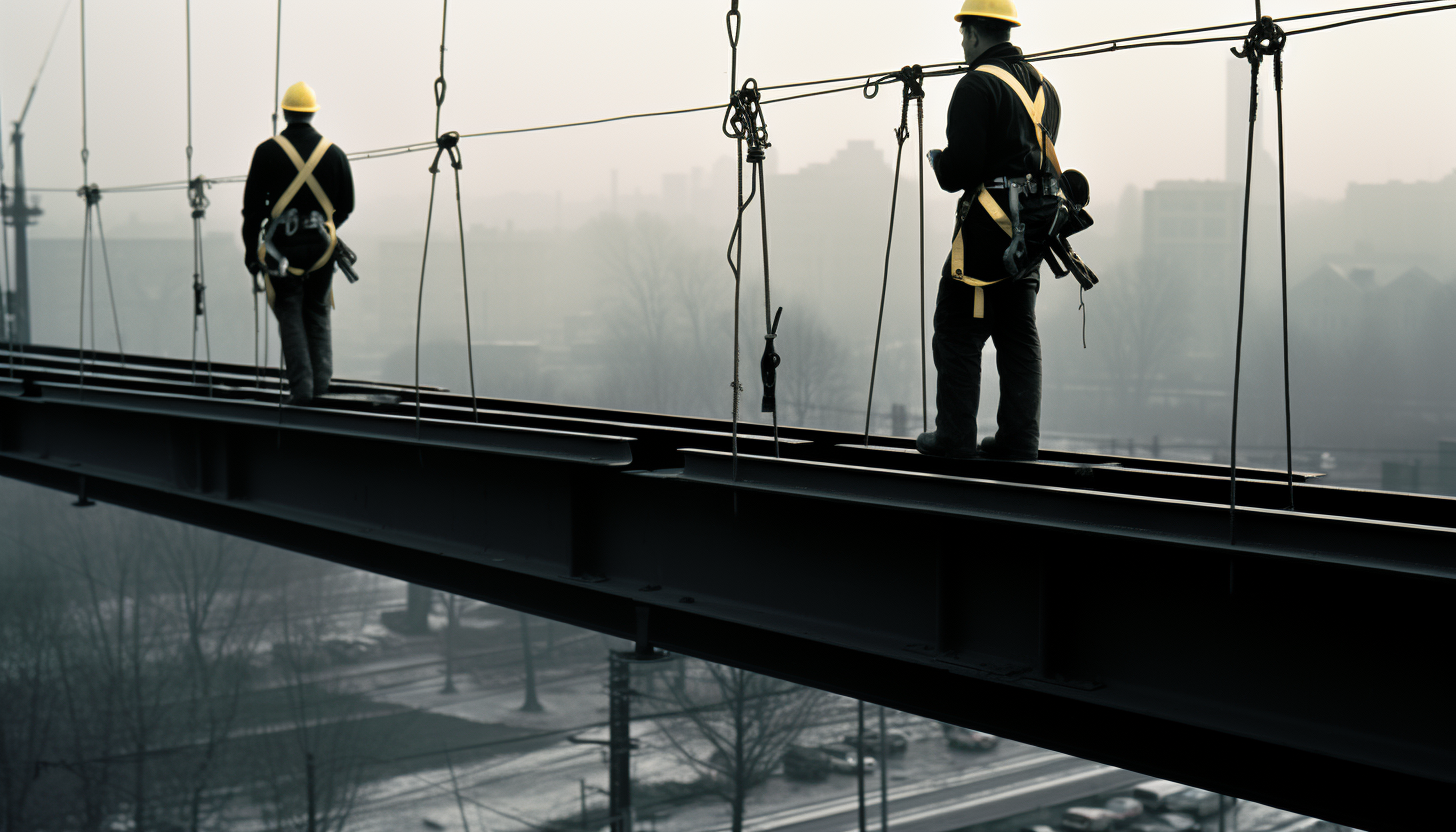 Workers in the clouds, harnessed to high-rise lifelines, choreography of safety,