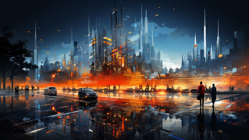 a dynamic and futuristic graphic that combines elements of construction and artificial intelligence. It could depict a construction site with cranes and workers, overlaid with digital elements like code or AI-generated designs. This would visually represent the integration of AI in the construction industry