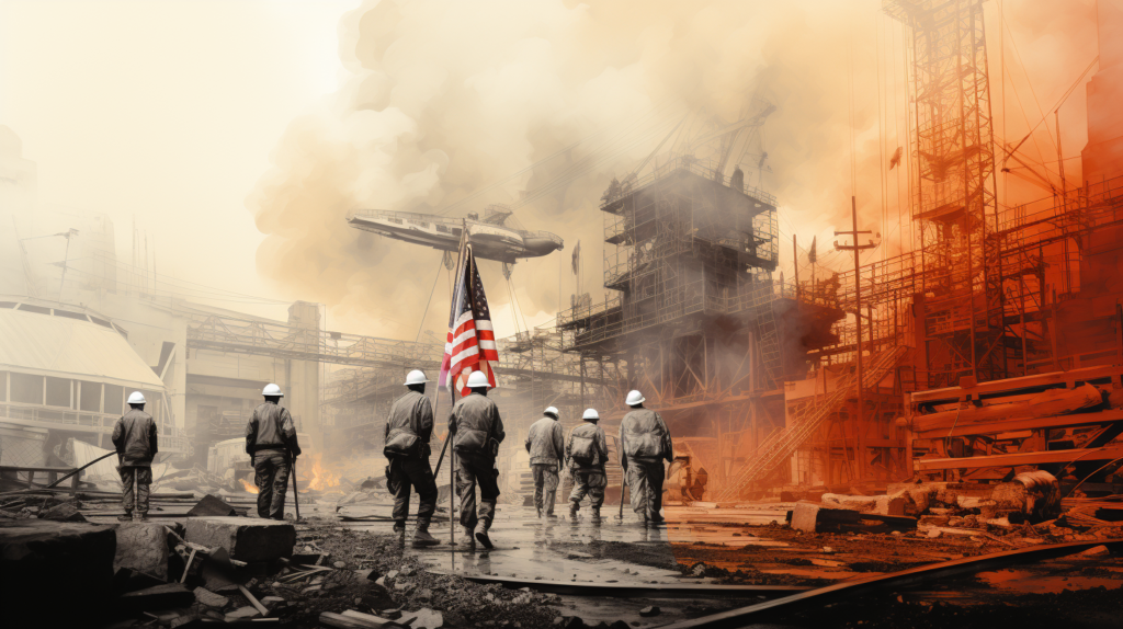 dynamic construction site with cranes and workers in hard hats, overlaid with a semi-transparent American flag. The image could also include a graphical representation of ARPA funds, such as a dollar sign or a bar graph showing an upward trend, symbolizing the financial support provided by the ARPA. This image would visually represent the intersection of construction projects and ARPA fundin