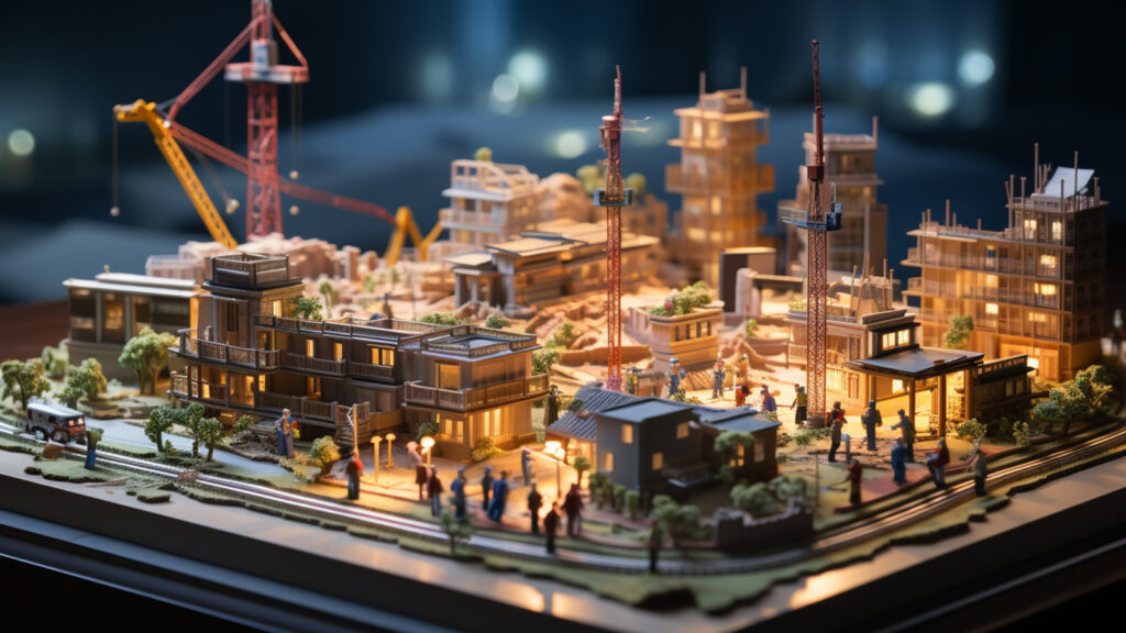 a dynamic and engaging picture showing a construction site bustling with activity. In the foreground, there could be a blueprint or a plan, symbolizing strategic planning and business operations. The background could feature construction workers and machinery in action, representing the execution of the plan. This image would visually represent the blend of planning (business operations) and execution (construction work) that leads to successful projects