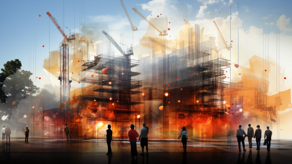 a dynamic construction site with cranes and workers, overlaid with a semi-transparent layer that includes an infographic or icons representing the ten tips for successful project management. This image would visually represent the complexity and dynamism of construction project management, while also hinting at the structured