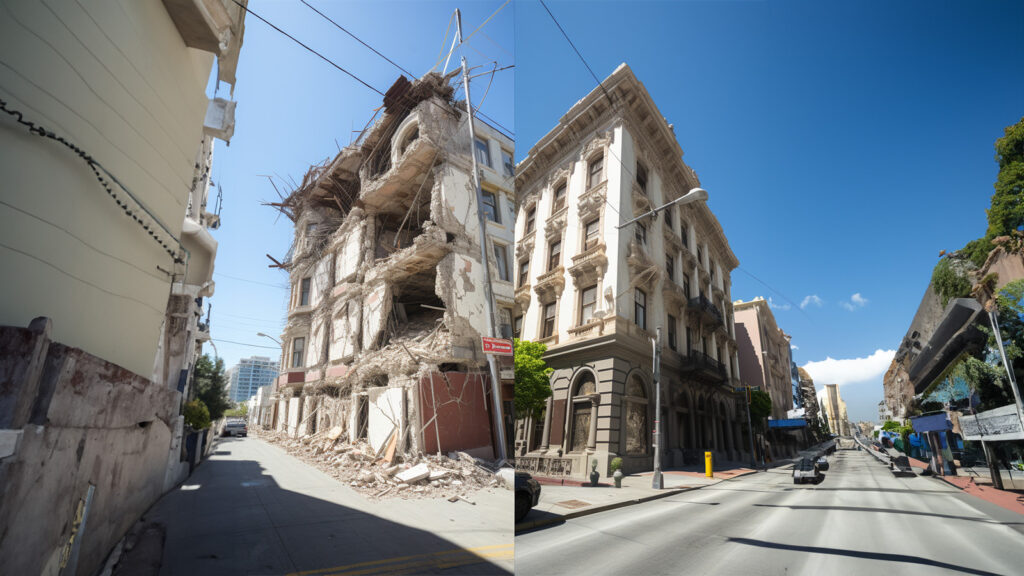 split-view graphic. On one side, it shows a building without seismic retrofitting being affected by an earthquake, with visible cracks and damages. On the other side, it shows a building with seismic retrofitting standing firm and undamaged during an earthquake. This visual comparison effectively illustrates the impact of seismic retrofitting on building safety.
